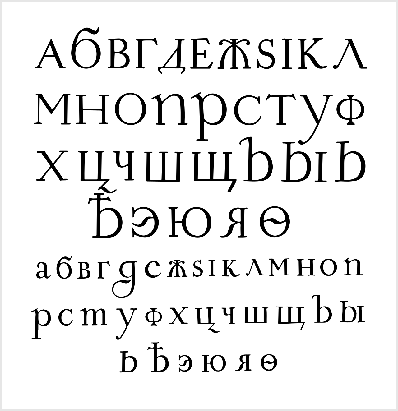 Русский гражданский шрифт 1707 года.  Источник: typejournal.ru. Автор: Лобачев Владимир