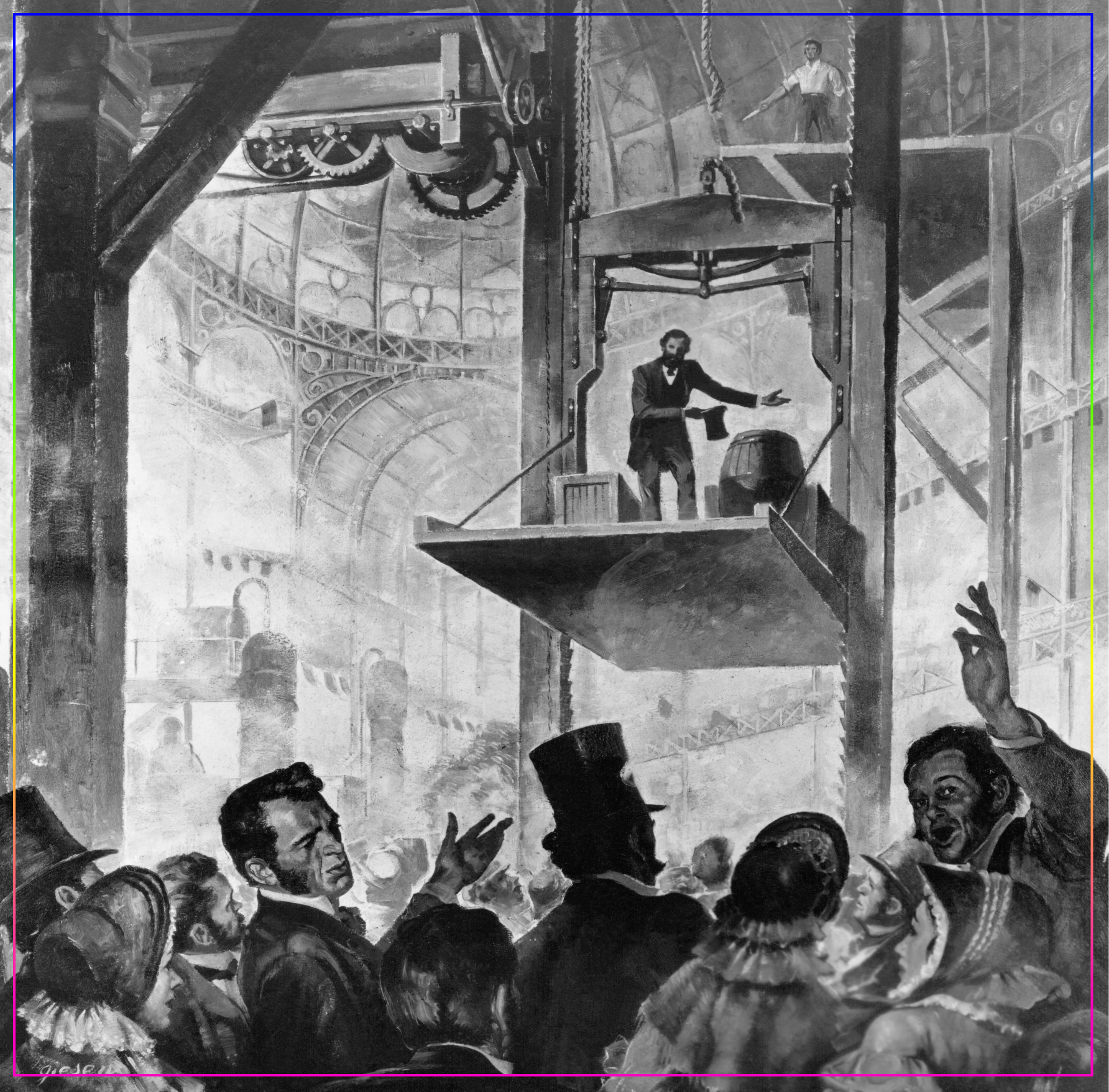 Демонстрация свободного парашюта Элишы Отиса на выставке 1853–1854 гг в Хрустальном дворце. Нью-Йорк. Источник: копия старинной гравюры