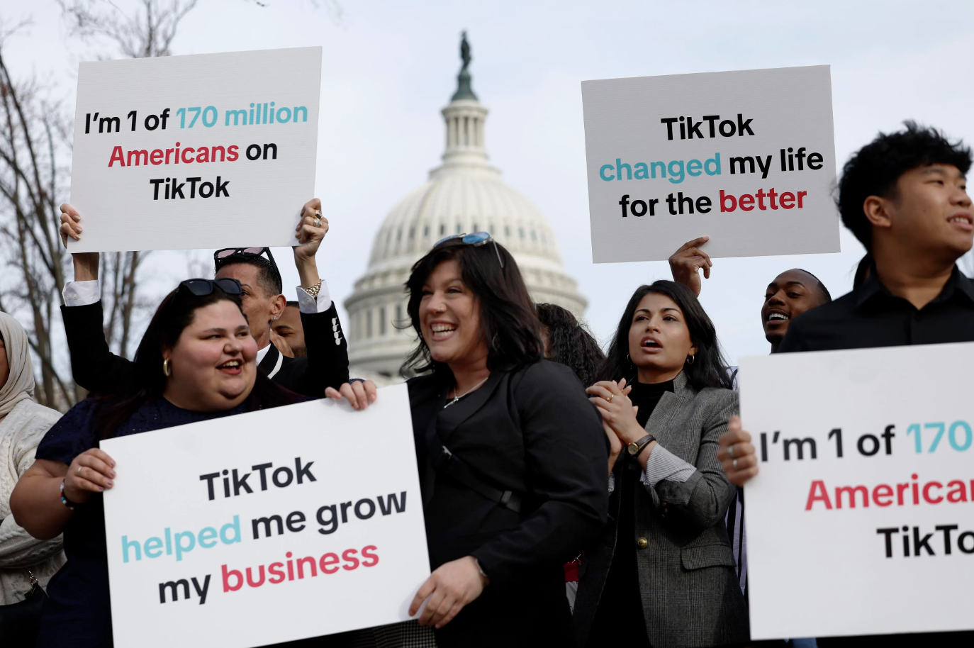 WASHINGTON, DC — MARCH 13: Participants hold signs in support of TikTok outside the U.S. Capitol … [+]