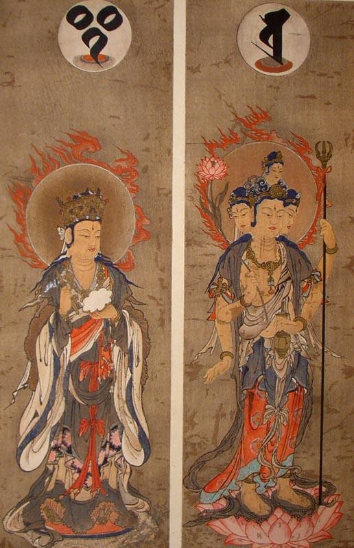 Изображения буддийских божеств Шакры (слева) и&nbsp;Брамы (справа)