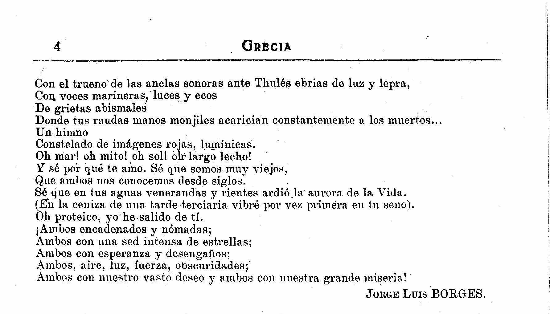 Первое опубликованное стихотворение Борхеса. Grecia, Revista Quincenal de Literatura, Sevilla, Año 2, N° 37, 31 de diciembre de 1919. Страница 4.