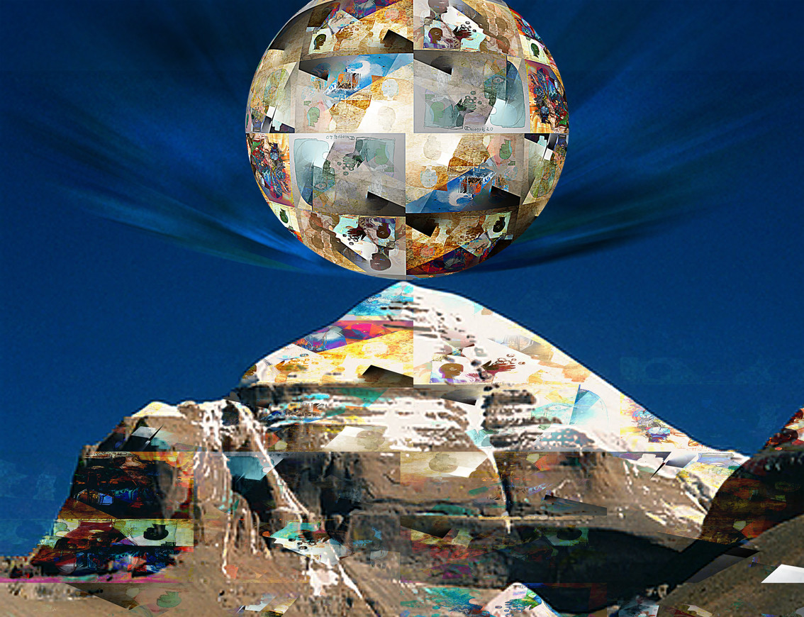 Joint work of Andrey Khanov and Nikolay Sologub (Nikola Nick)"The mirror sphere of Being, dotted with letters that not everyone has gone crazy, at the top of Kailash, the work of the people of the future is to look at the drawings on this sphere and what they see there is artcoin (new money). 2020 08 04