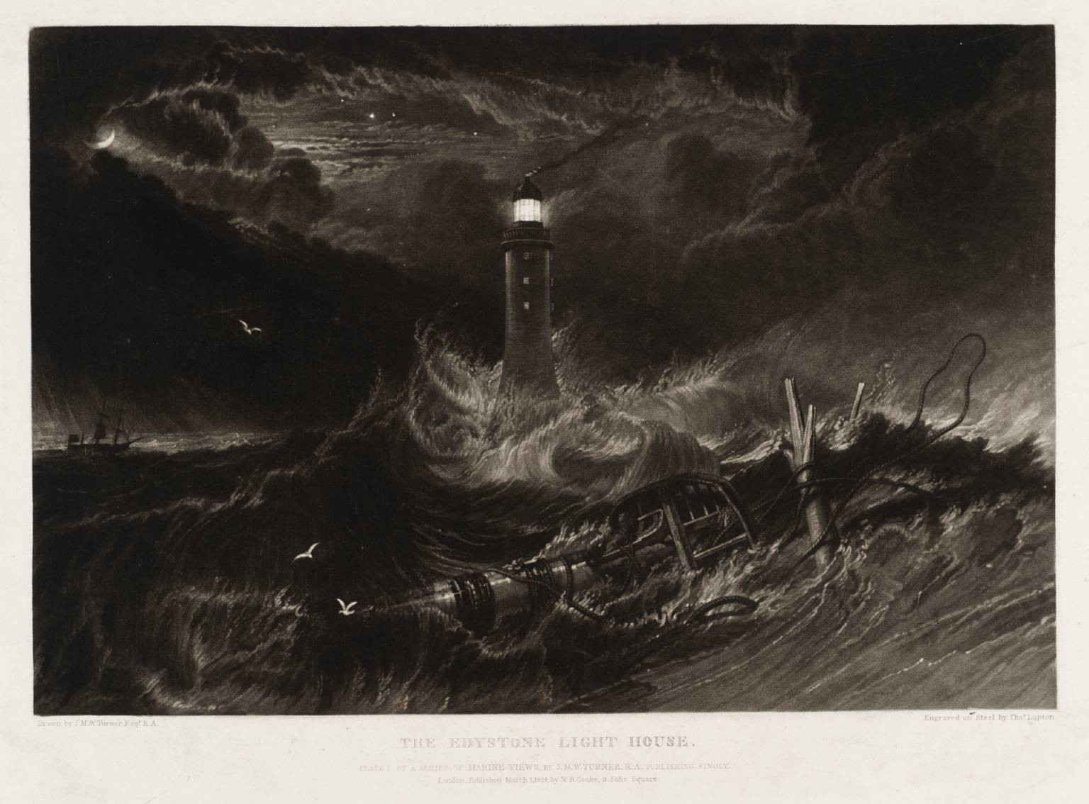 «Эддистонский маяк». Репродукция картины У. Тернера (гравюра), 1824&nbsp;г.