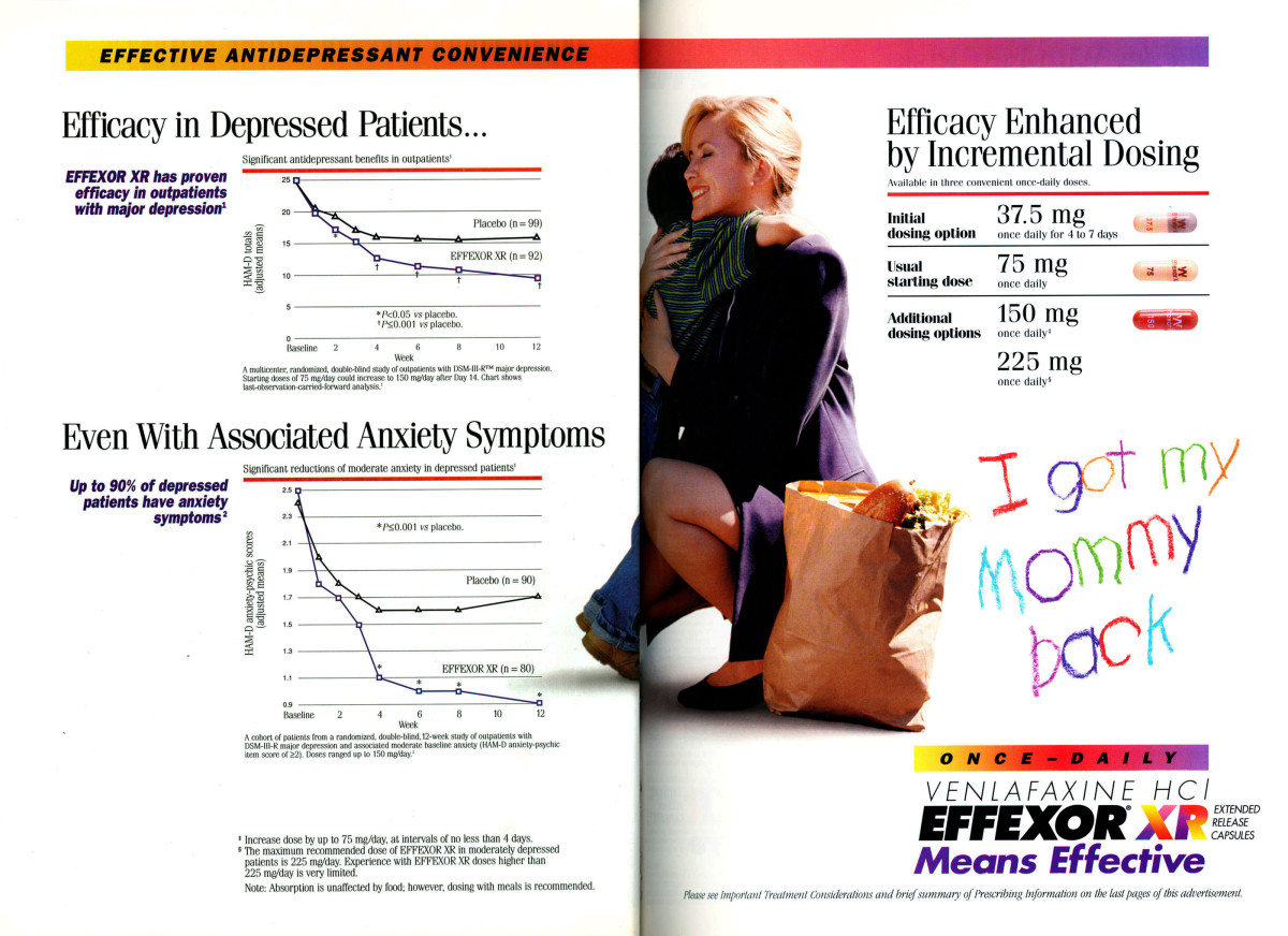 Реклама антидепрессанта Effexor с&nbsp;содержанием венлафаксина. Надпись детской рукой&nbsp;— «Я&nbsp;вернул себе свою маму», 1998&nbsp;год, США