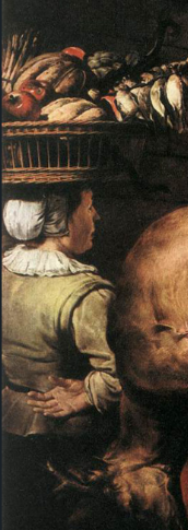 Фрагмент картины Франса Снейдерса «Возвращение с&nbsp;охоты» с&nbsp;изображением крестьянки, несущей на&nbsp;голове корзину в&nbsp;левой части. Национальной галерее Праги