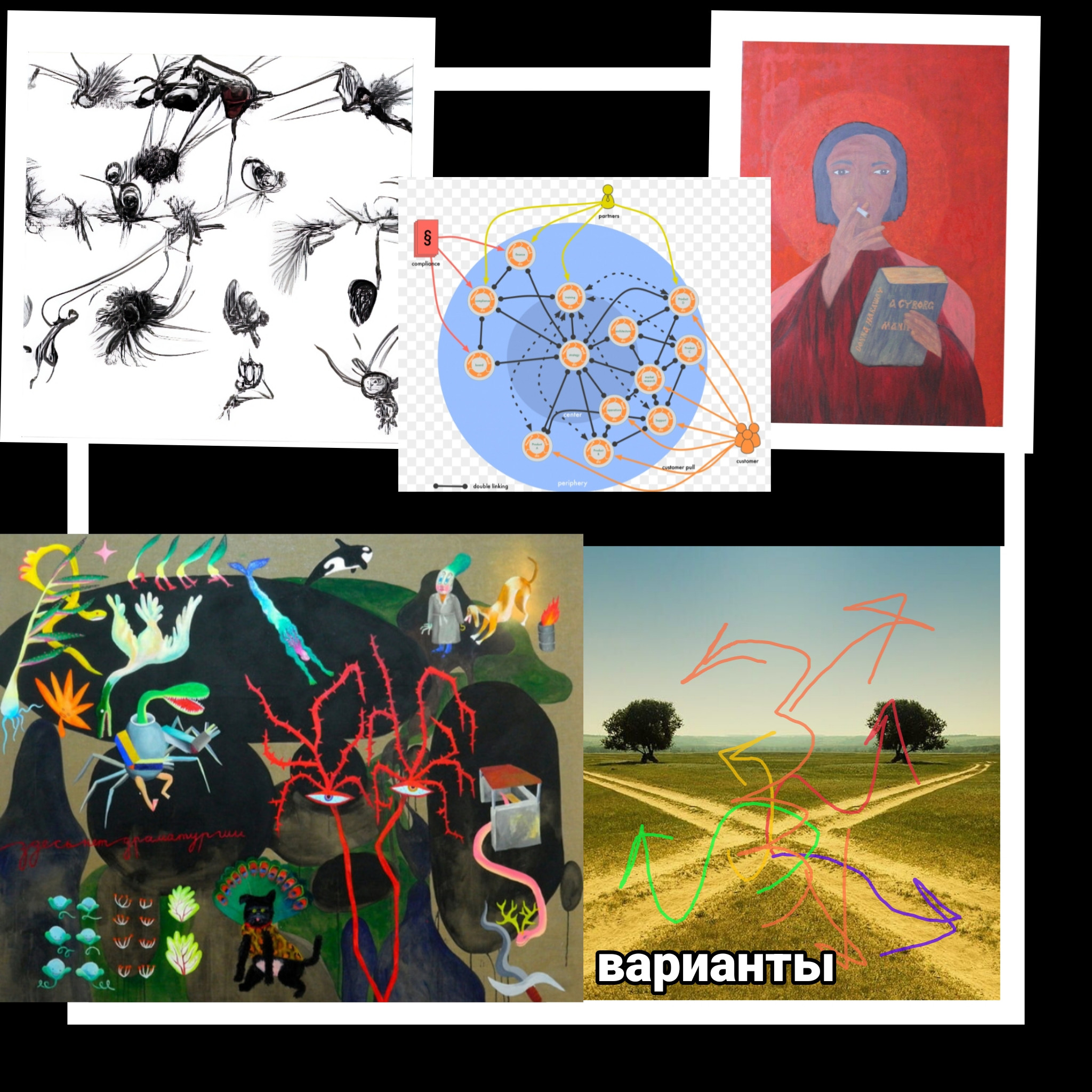 В коллаже используются картина Анны Андржиевской "Здесь нет драматургии" 2020 года и работы из статьи на syg.ma "Тим Ингольд. Когда МУРАВЕЙ встречает ПАУЧИХУ: Социальная теория для членистоногих." ольги кудрявцевой 2022 года.