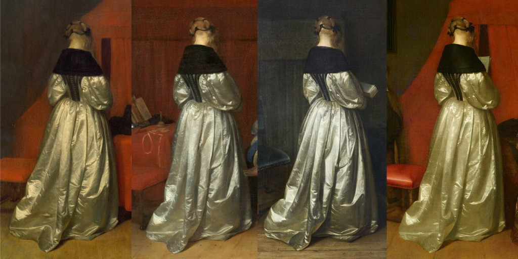 Фотомонтаж различных вариантов образа «девушки в&nbsp;атласном платье» от&nbsp;ГерардаТерборха и&nbsp;его мастерской. 