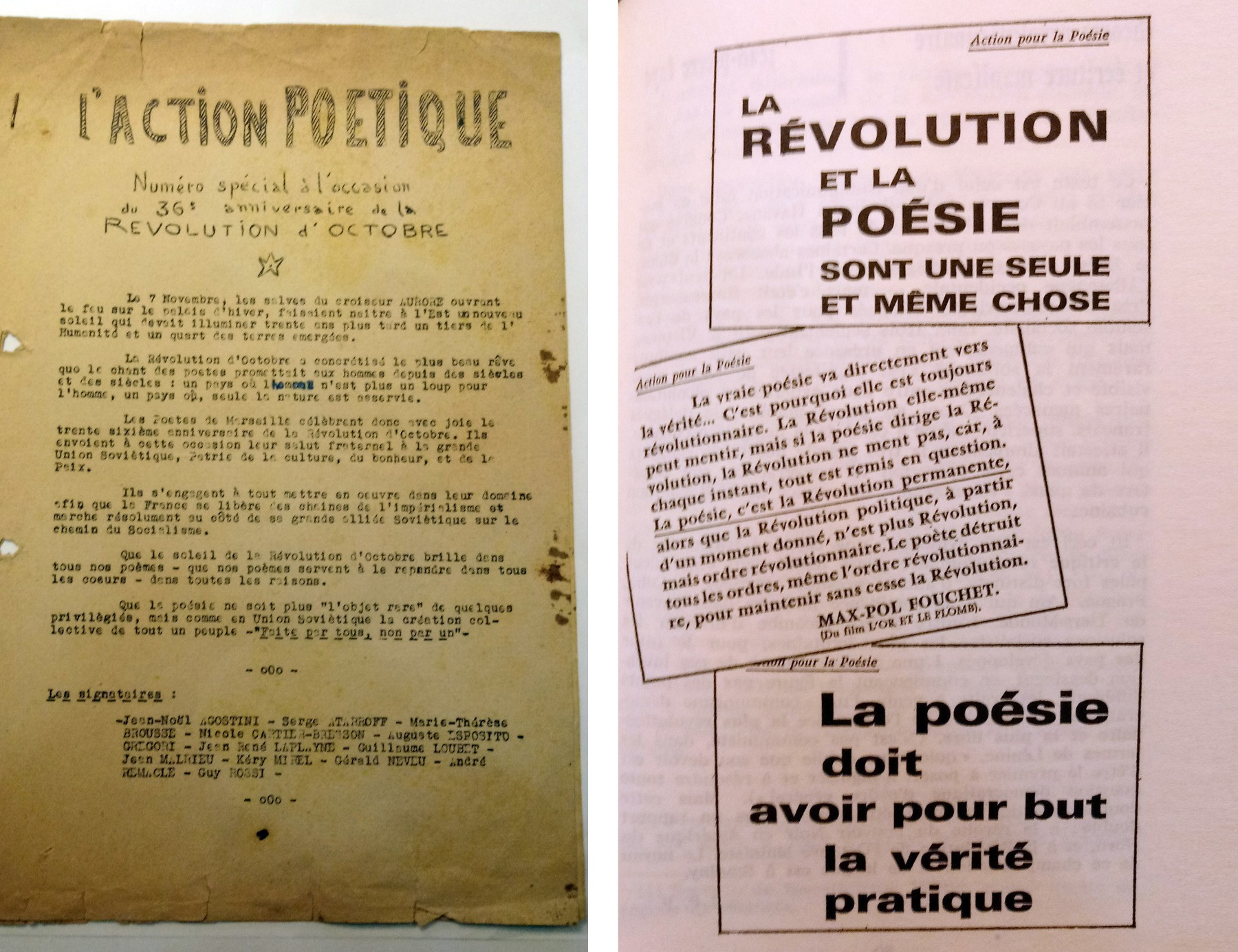 Страницы выпусков Action poétique 1957 и&nbsp;1953&nbsp;годов соответственно