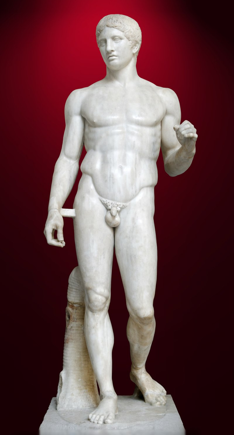 Polykleitos’s Doryphoros, an early example of classical contrapposto. Roman marble copy in the National Archaeological Museum, Naples