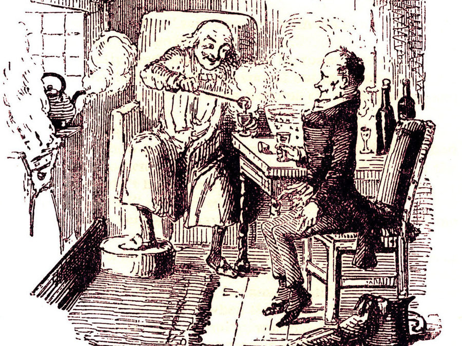 Эбенезер Скрудж угощает Боба Крэтчита «Дымящим епископом». Иллюстрация к&nbsp;книге «Рождественская песнь»