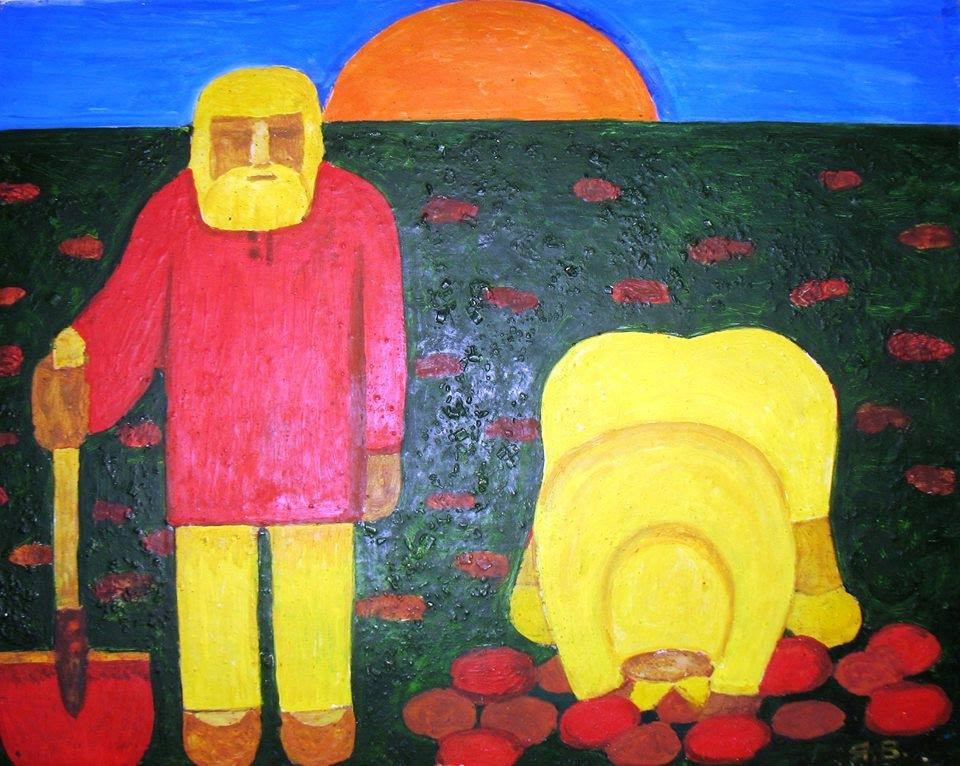 В.Ясинский «Сбор картофеля» фанера масло (коллекция А.Емельянова)