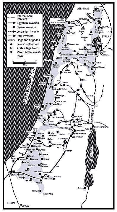 Карта вторжения арабских армий в Палестину. Benny Morris, “1948”, p. 201.