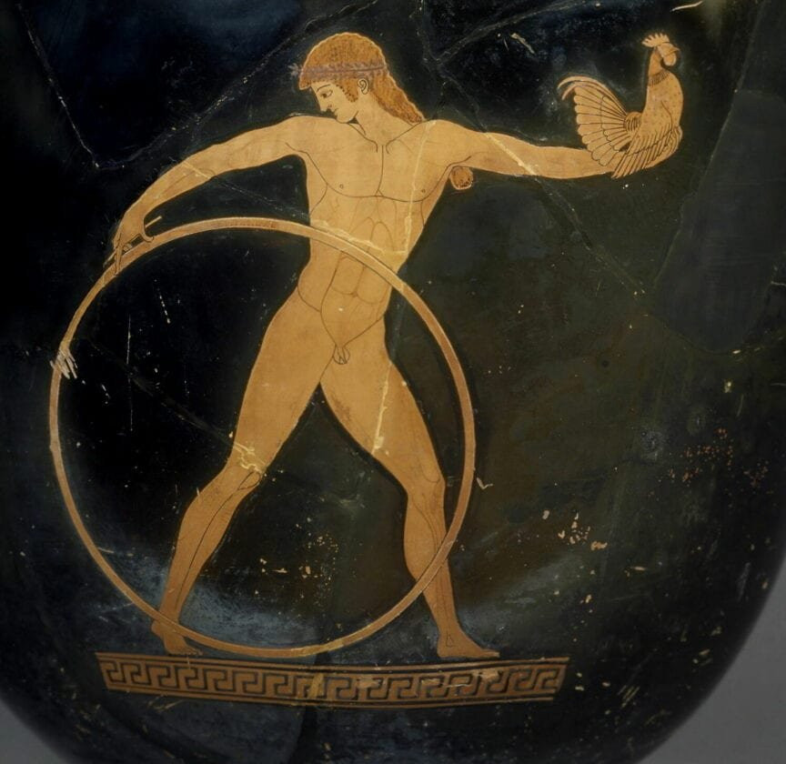 Ганимед держит в&nbsp;руках обруч и&nbsp;петушка (подарки Зевса), красно-фигурная ваза, 500–490&nbsp;г. до&nbsp;н. э.