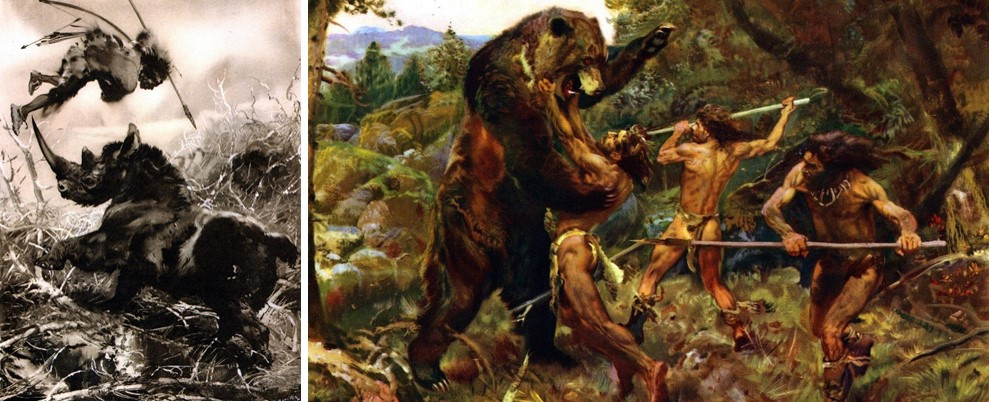Слева: Охота на&nbsp;шерстистого носорога. Зденек Буриан, 1951. Справа: Охота на&nbsp;пещерного медведя. Зденек Буриан, 1952. Источник
