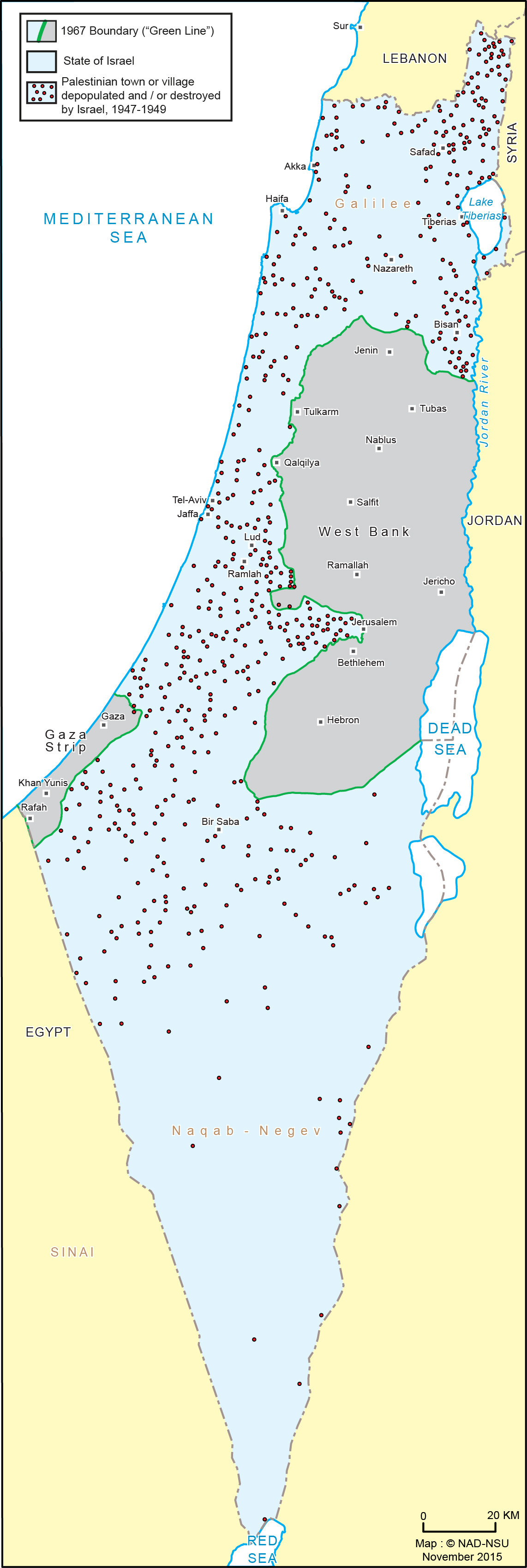 Точками обозначены палестинские деревни, очищенные и/или разрушенные еврейскими силами в 1947–1949 гг. Источник.
