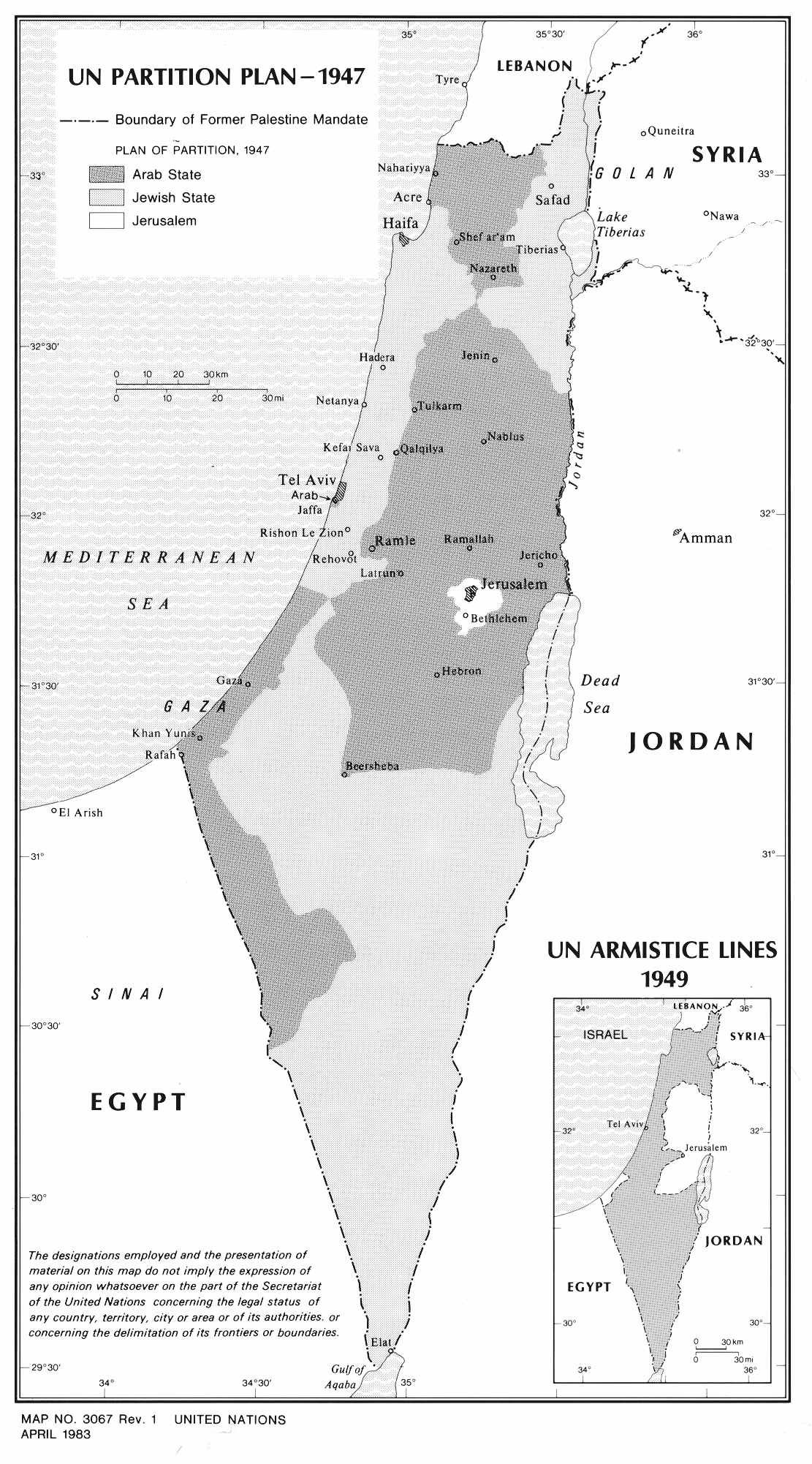 План раздела Палестины: еврейское государство, арабское государство и международная зона вокруг Иерусалима. Источник.