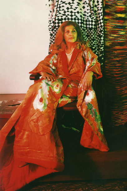 Monir Shahroudy Farmanfarmaian. Photo: Courtesy of the artist and The Third Line,Dubai/via Solomon R. Guggenheim Museum.Lucas Samaras, “Portrait of Monir Shahroudy Farmanfarmaian”, July 13, 1978.0