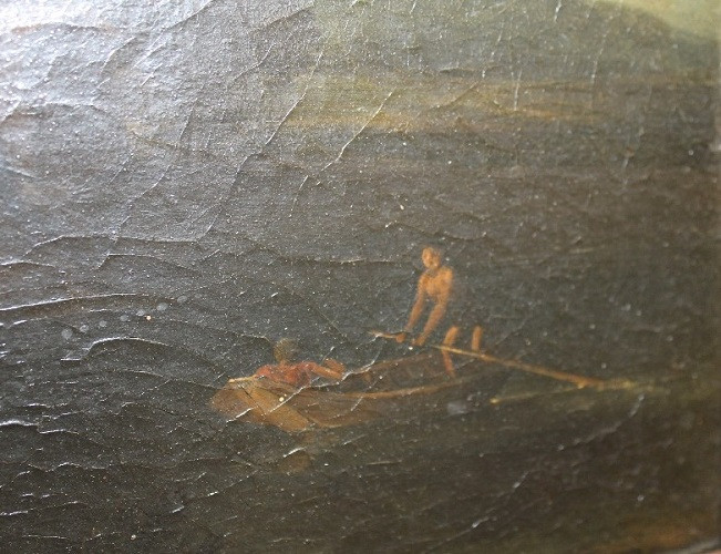 Фрагмент картины Гаспара Дюге «Рыбаки, застигнутые бурей» с&nbsp;изображением рыбаков в&nbsp;лодке в&nbsp;правойчасти. БСИИ ASG, инв. №04-3939