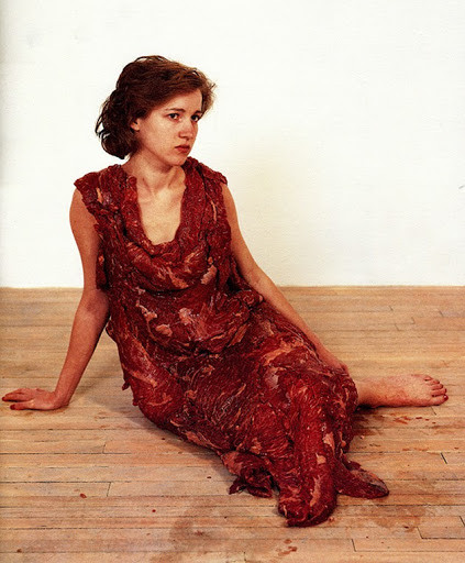 Figure 4: Jana Sterbak, Vanitas: Flesh Dress for an Albino Anorectic. Flank steak, salt, thread, color photograph on paper, 1987