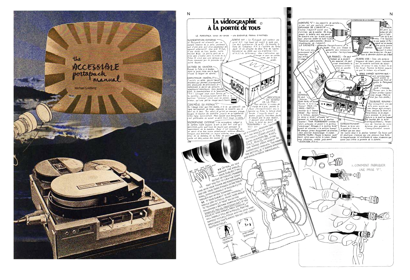 На&nbsp;изображении слева обложка «The Accessible Portapack Manual», пособия для работы с&nbsp;камерой, которое в&nbsp;значительной степени помогло видеохудожникам на&nbsp;первых этапах существования видео. На&nbsp;разворотах справа одно изображение из&nbsp;мануала (девушка с&nbsp;камерой), а&nbsp;также текст и&nbsp;рисунки из&nbsp;французской версии «La vidéographie à la portée de tous». Courtesy: Майкл Голдберг