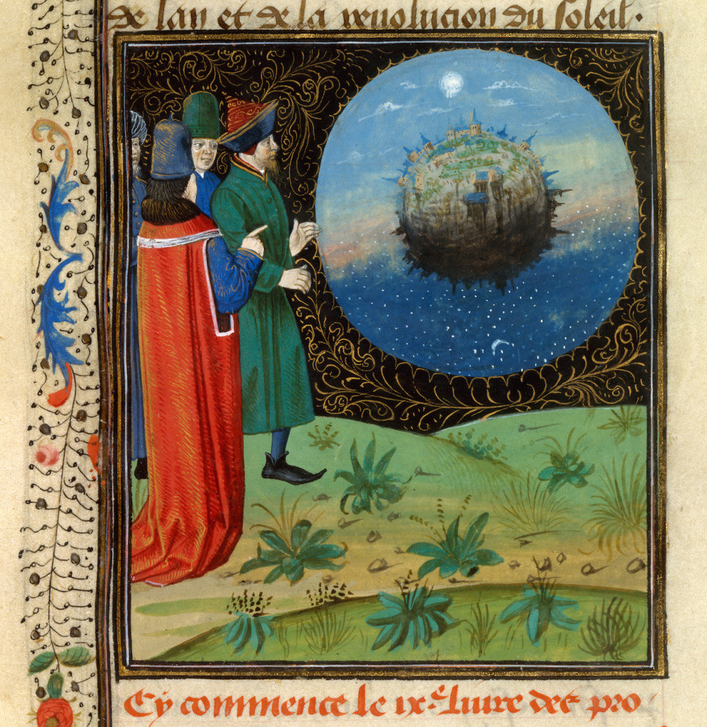 Изображение Земли, покрытой горными пиками, из&nbsp;французского издания книги Бартоломея Английского, 15 век. (Национальная библиотека Франции).