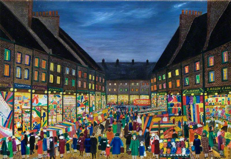 Рынок Петтикот-лэйн&nbsp;— Мэри Уоттс, 1964, доска, масло. Музей Хакни