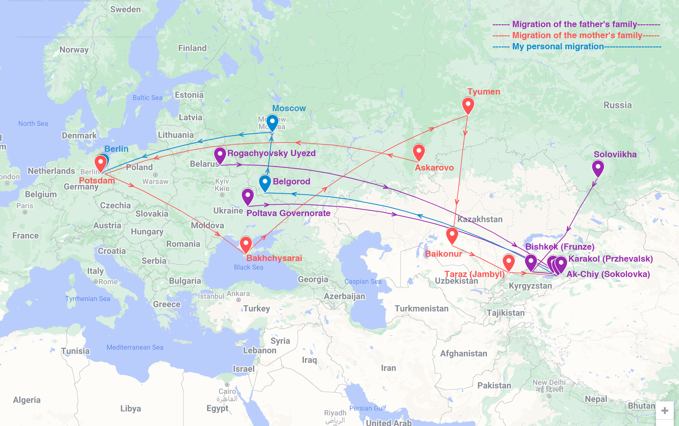 Карта миграции нескольких поколений моих предков в течение XX века