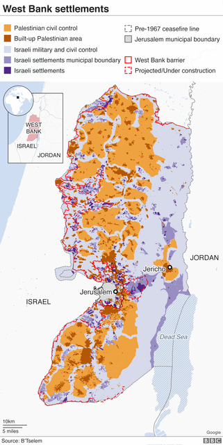 Карта израильских поселений и&nbsp;«зон контроля» на&nbsp;Западном берегу реки Иордан
