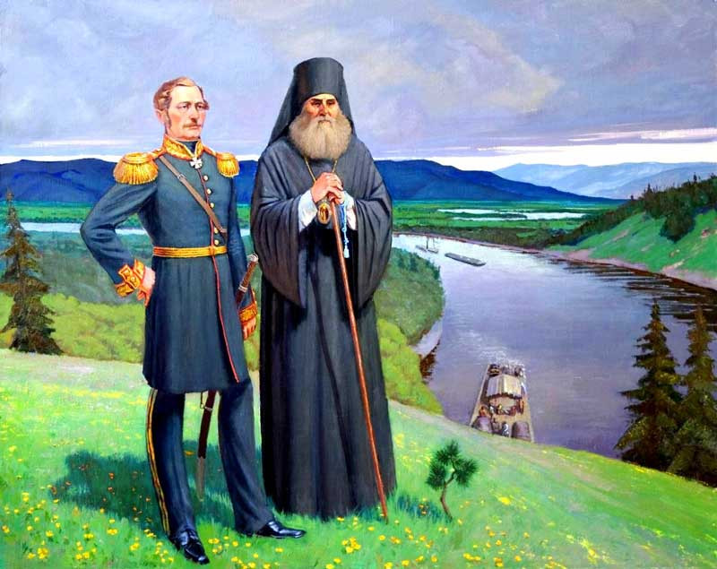 «Год 1858-й. Граф Н. Н. Муравьев-Амурский и святитель Иннокентий (Вениаминов), апостол Дальнего Востока и Северной Америки» авторства хабаровского христианского художника Алексея Авдеева. 2008 год. Источник.