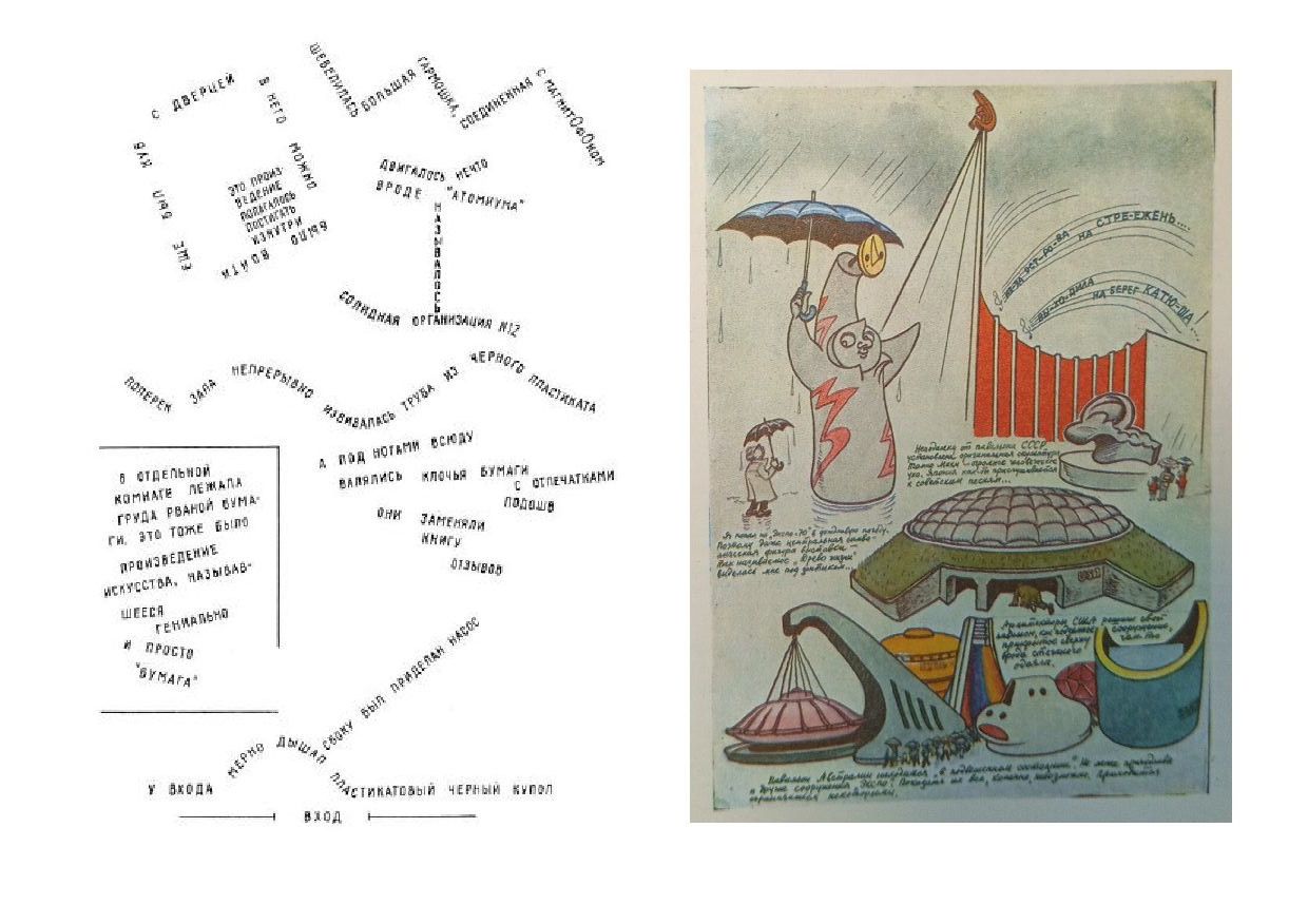 Слева зарисовка И. Фонякова после посещения им выставки группы «Тренд» из книги «Восточней Востока. Полгода в Японии» (1977). Справа карикатура из книги Ефимова Б. Невыдуманные истории (1976, С. 179), работа Мики Томио находится прямо под «Алым стягом» советского павильона. 