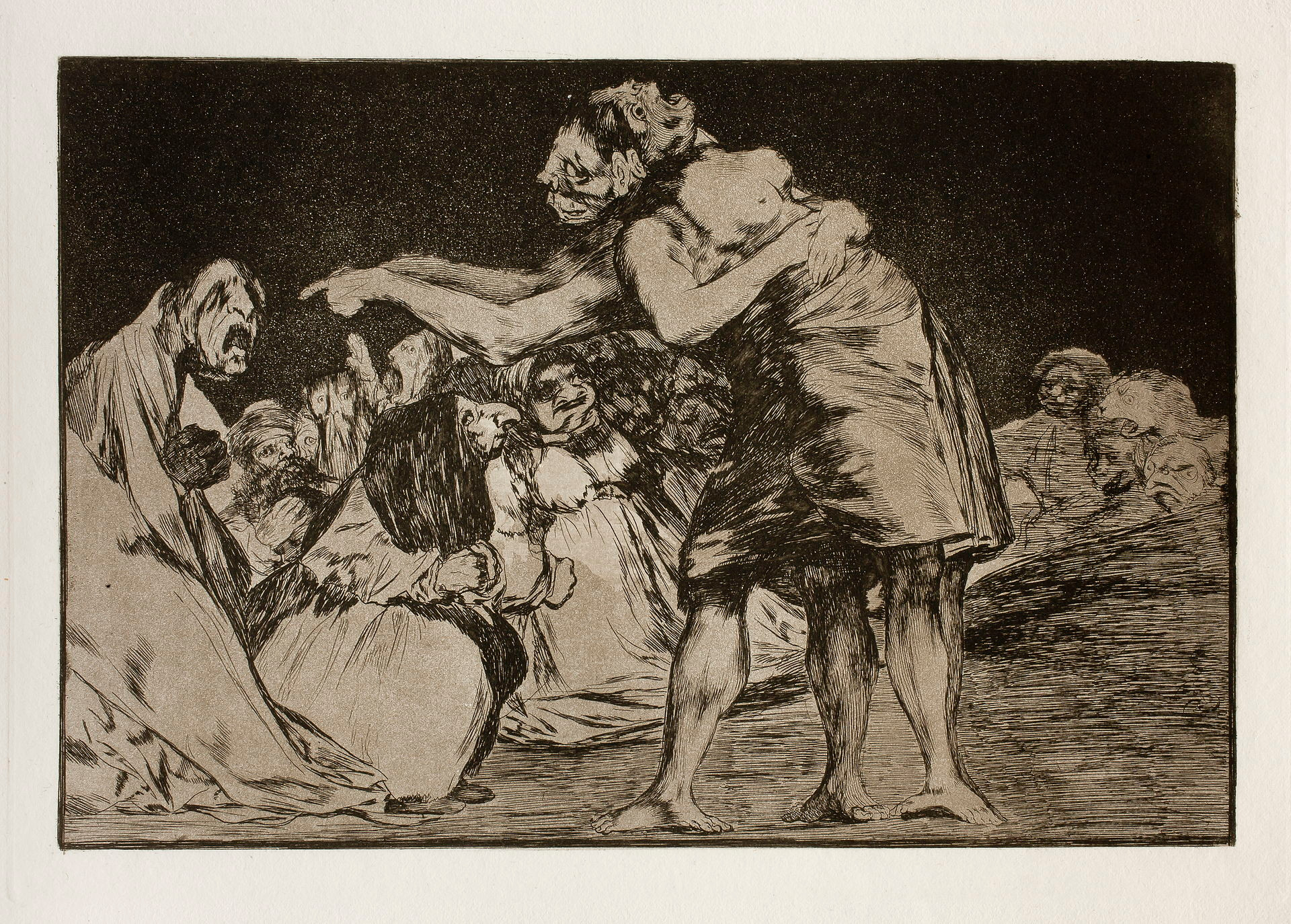 Рис.&nbsp;2.: Лист № 7 “Матримония” (“Супружеский кошмар”) из&nbsp;серии офортов “Диспаратес” (“Причуды” или “Глупости”) Гойи представляет собой любопытную адаптацию эмблемы Андреа Алкиато, изображающей насильственный брак с&nbsp;трупом или с&nbsp;человеком, покрытым сифилитическими язвами. В&nbsp;исполнении Гойи сращивание живого с&nbsp;разлагающимся трупом представляет собой дьявольскую избыточность, ― живущее не&nbsp;может прийти в&nbsp;бытие иначе, чем через&nbsp;некротическое связывание со&nbsp;своим фантомным двойником. Когда скрытый (имплицитный) некроз живущего распространяется на&nbsp;явный (эксплицитный) некроз мертвеца, это порождает нечеловеческую деформацию, ― каждая из&nbsp;четырёх ног раздваивается, демонстрируя объединение тел через&nbsp;гниение.