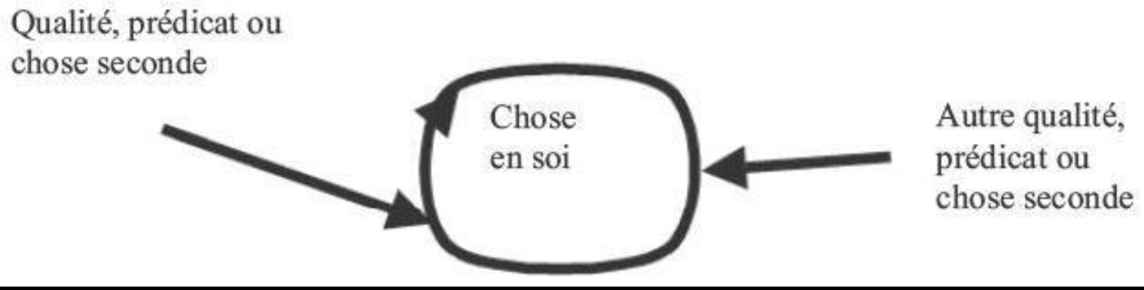Левый вектор (качество, предикат или вторичная вещь), вектор по середине (вещь сама по себе), правый вектор (другое качество, предикат или вторичная вещь) 