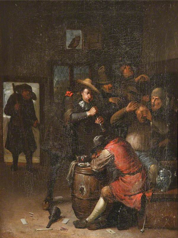Хемскерк, Эгберт ван I Мужчины пируют и&nbsp;мужчина играет на&nbsp;флейте (1675). Холст, масло. 37,5×31&nbsp;см.