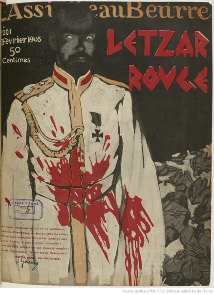 Обложка журнала “Assiette au beurre” No. 201: “Le Tzar rouge” («Красный царь») от&nbsp;4 февраля 1905&nbsp;года. Источник http://gallica.bnf.fr