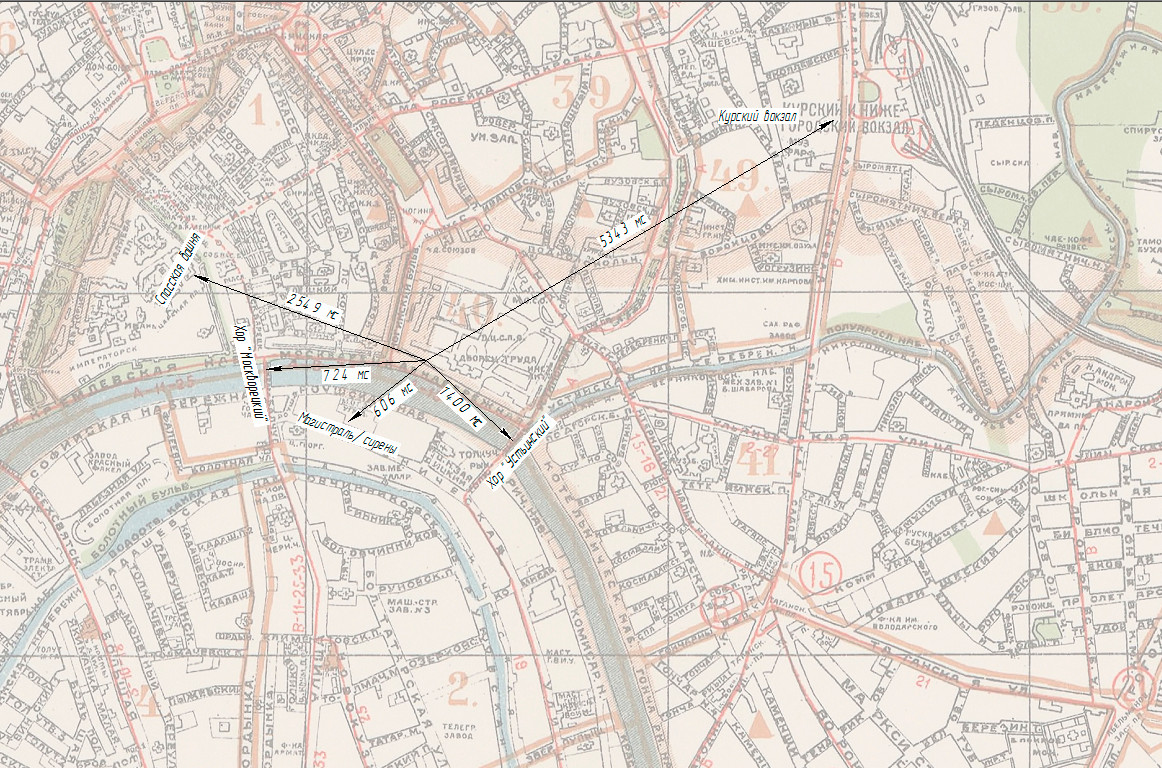 Рисунок 6&nbsp;— Фрагмент карты Москвы 1924&nbsp;г. с&nbsp;указанием времени задержки распространения звука от&nbsp;основных источников до&nbsp;слушателя.