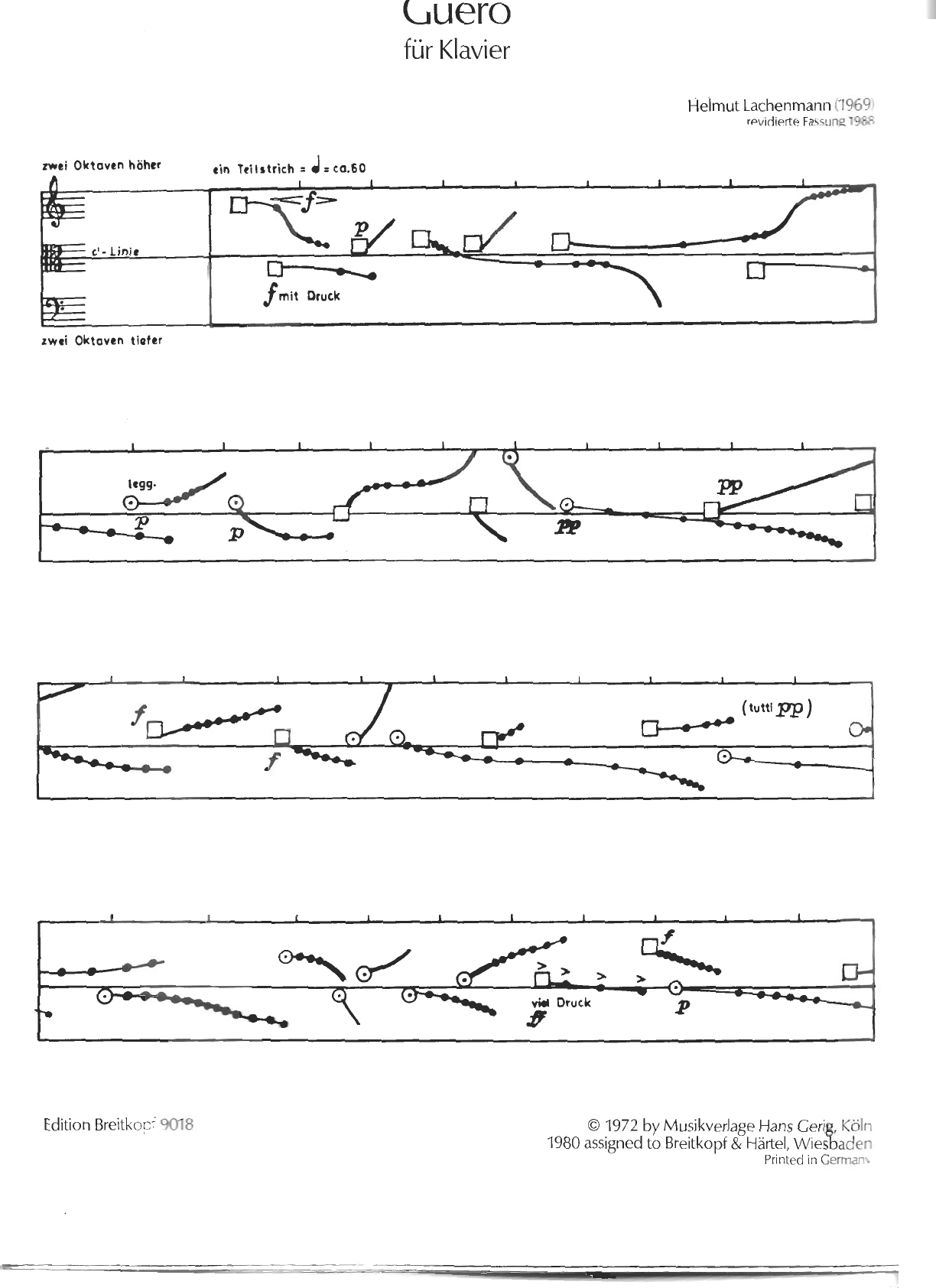 Фрагмент партитуры фортепианной пьесы Guero Хельмута Лахенмана