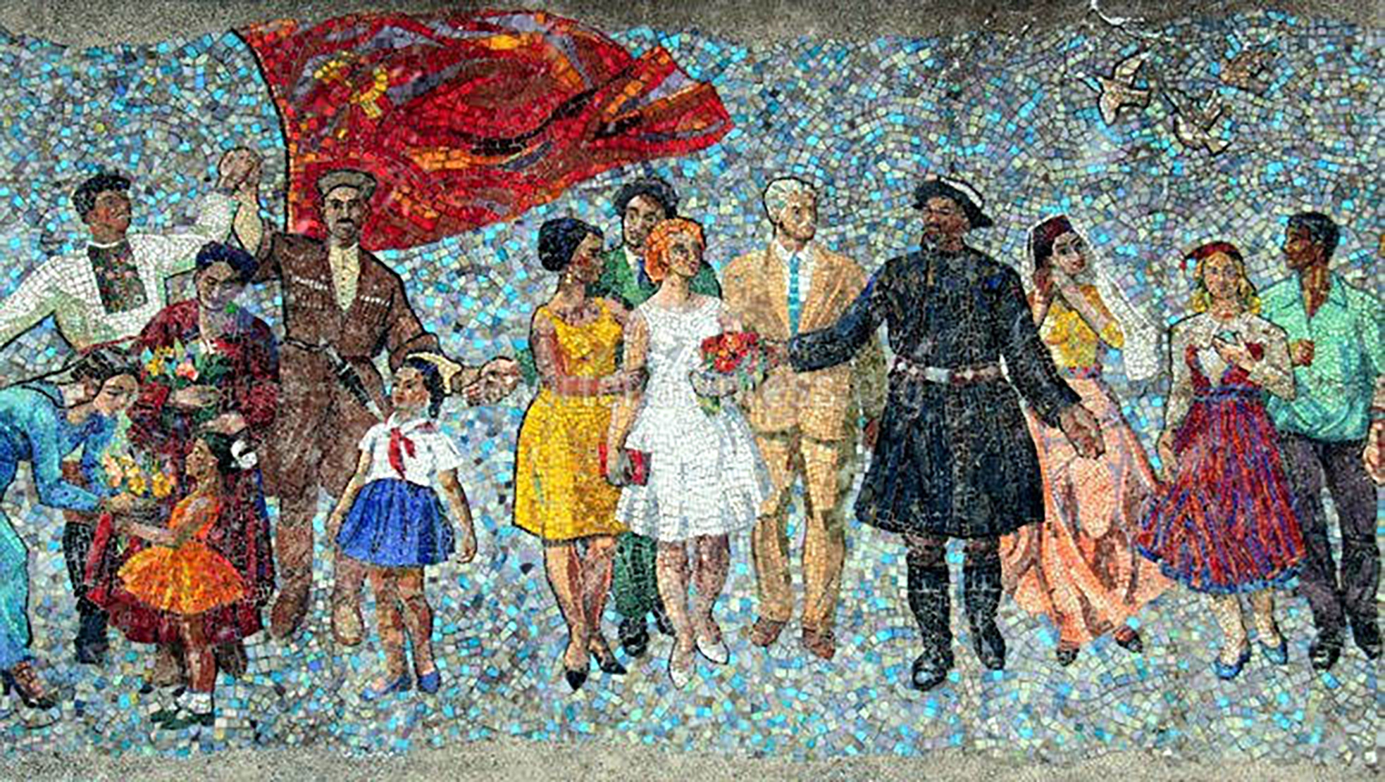 The mosaic “Welcoming Guests,” or as people called it, “Friendship of Peoples,” by Andrei Mikhalev, 1964. Bishkek, Kyrgyzstan.
