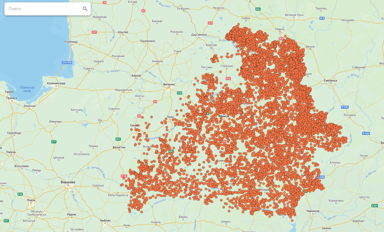 Public cadastre map marking the settlements burned by the Nazi during WWII. Despite numerous mistakes noticed by the journalists from The Village Belarus, the images does help to feel the shocking scale of the national tragedy.A screenshot from https://map.nca.by. Retrieved on April 29, 2023 