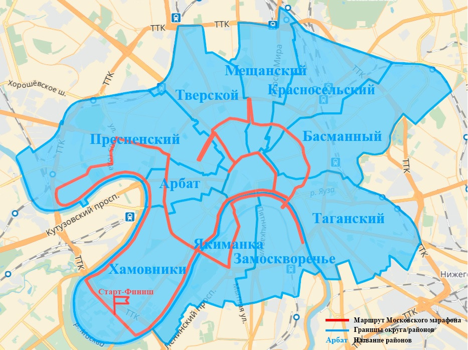 Маршрут Московского марафона на&nbsp;карте ЦАО. Нарисован автором.