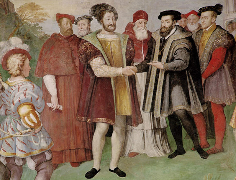 Таддео Цуккаро. Франциск I и&nbsp;Карл V, в&nbsp;присутствии папы Павла III, заключают перемирие в&nbsp;Ницце после Итальянской войны 1536-1538&nbsp;годов.