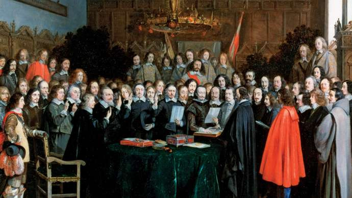 Терборх, Герард Принятие присяги при&nbsp;ратификации Мюнстерского договора (1648).Медь, масло. Национальная галерея, Лондон