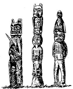 Тотемные столбы тлинкитов с&nbsp;антропоморфными изображениямиXVII век