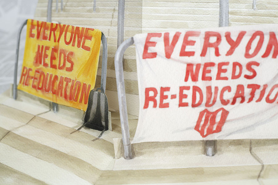 В 1976 году в издательстве Seuil выходит&nbsp;Ангел. В этой небольшой, но очень насыщенной книге Ги Лардро&nbsp;и Кристиан Жамбе&nbsp;сразу же после самороспуска Пролетарской левой пытаются предложить то, что они называют «vade mecum&nbsp;для всех, путеводителем для заблудших», исходя из наблюдения: «больше нет настоящего Бунтаря, под именем Бунтаря наша эпоха прославляет тень Господина».  В 2012 году выходит книга Перевоспитание испанского художника баскского происхождения Хуана Переса Агиррегоикоа,&nbsp;раскрывающая нам мир, где слово «перевоспитание» стало украшением для собак, сверкающим ошейником господина. Где спортивный и политический фанатизм сливаются во взаимной жестикуляции. Где есть враг. Где «дух» — это имя врага. Где Ханну Арендт ловят у входа на стадион и переворачивают с ног на голову: «Те, кто не забывают прошлое, обрекают себя на идеологию», оп-ля! Где мы открываем для себя истинное лицо хулиганов, даже не снимая с них капюшонов. Где мы уже не знаем, что думать, кроме как взывать к своим имбецильным хотелкам — что сладко пахнут сговором остолопов. Где мы просим молока и печенья. Где мы сверхчувствительны, но лечимся кондиционером для белья. Где «Постановление о Великой пролетарской культурной революции», написанное председателем Мао&nbsp;в 1966 году, — отходы типографии, подкладка сценической занавески, не более чем макулатура, пригодная для переработки. Где все заканчивается голубым небом, небом великой ясности, трагически насыщенным и разрываемым самолетом, тянущим за собой баннер: «ЛАКАН, Я ЛЮБЛЮ ТЕБЯ. ВЫЙДЕШЬ ЗА МЕНЯ?». В общем, предстоит целое перевоспитание.  Балансируя между скромным спектаклем, детским удовольствием от поп-апа и гротескными играми, регрессивными маскарадами взрослых, между симпатичным продуктом индустрии развлечений и инструментом критики, Агиррегоикоа держит&nbsp;Перевоспитание&nbsp;на линии, яростно сопротивляющейся любой немедленной, позитивной и допускающей ресайклинг интерпретации. В остальном ничего страшного: Хуан Перес Агиррегоикоа — художник, в конце-то концов.