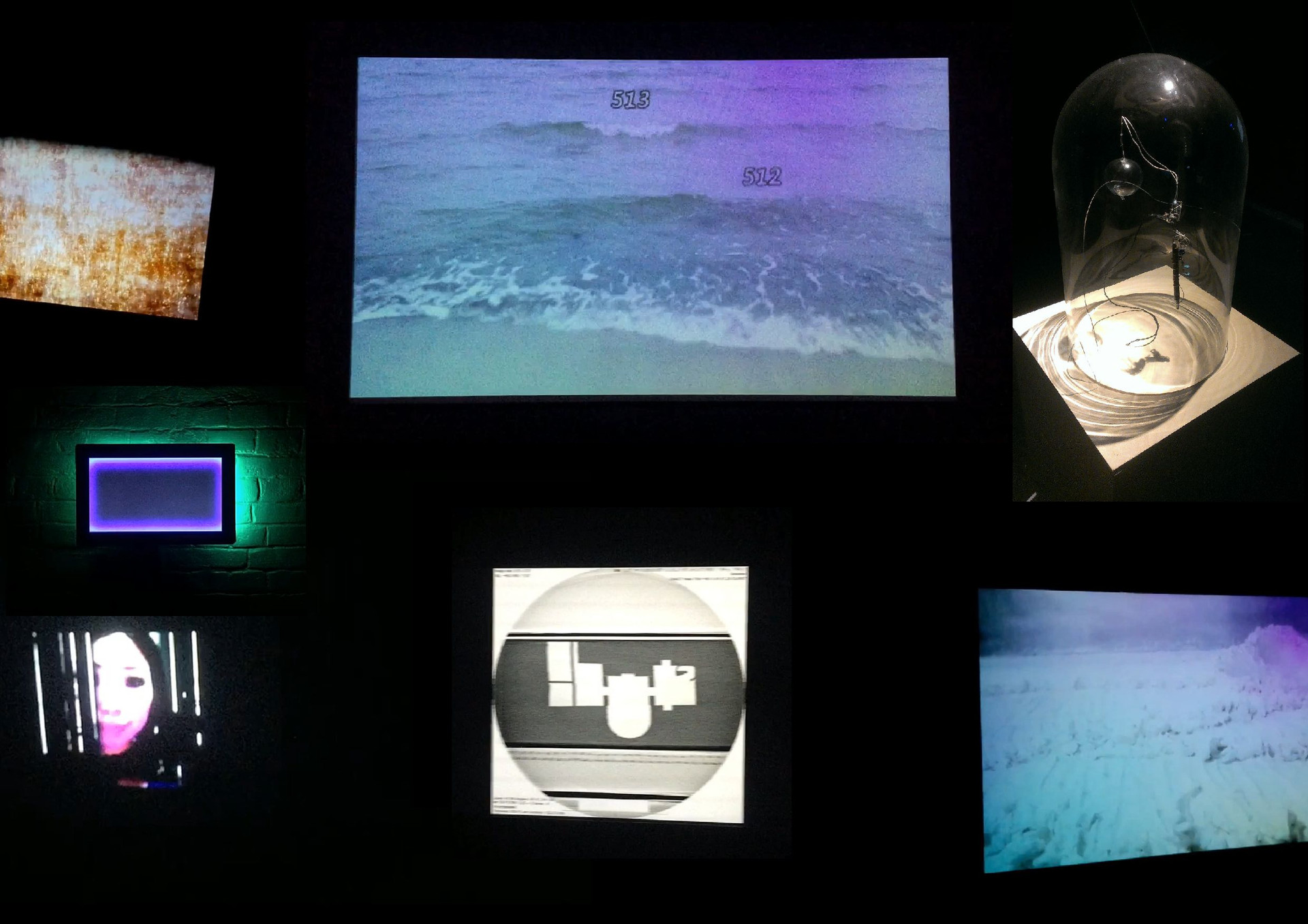 Такаси Макино «Cinéma Concret» (2015) (слева вверху); Exonemo «201703EOF» (2017) (центр, слева); Хараюки Иси «… ……….,» (2011) (слева, низ); Маи Ямасита и&nbsp;Наото Кобаяси «1000 waves» (2007) (центр, вверху); Shimura Bros «X-Ray Film of Olafur Eliasson“s Artists”s Book Your House: Front/Top/Side» (2015) (центр, снизу); Соитиро Михара «Bell» (2013) (cправо вверху); Рё Орикаса «Datum Point» (2015) (справо внизу); Courtesy: https://tinyurl.com/cwh6u4rk