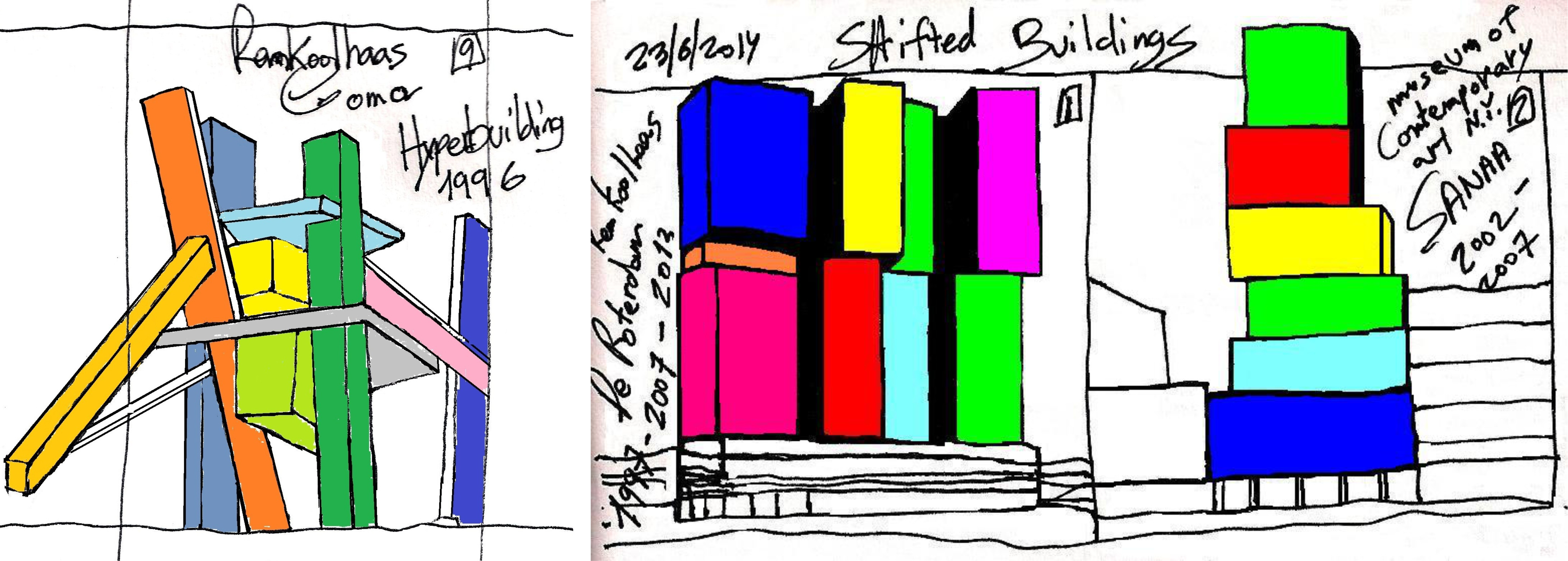 Eliinbar’s Sketchbook 2012-14 ,Rem Koolhaas (The Hyperbuilding) and SANAA Typology of a Shifted Buildings