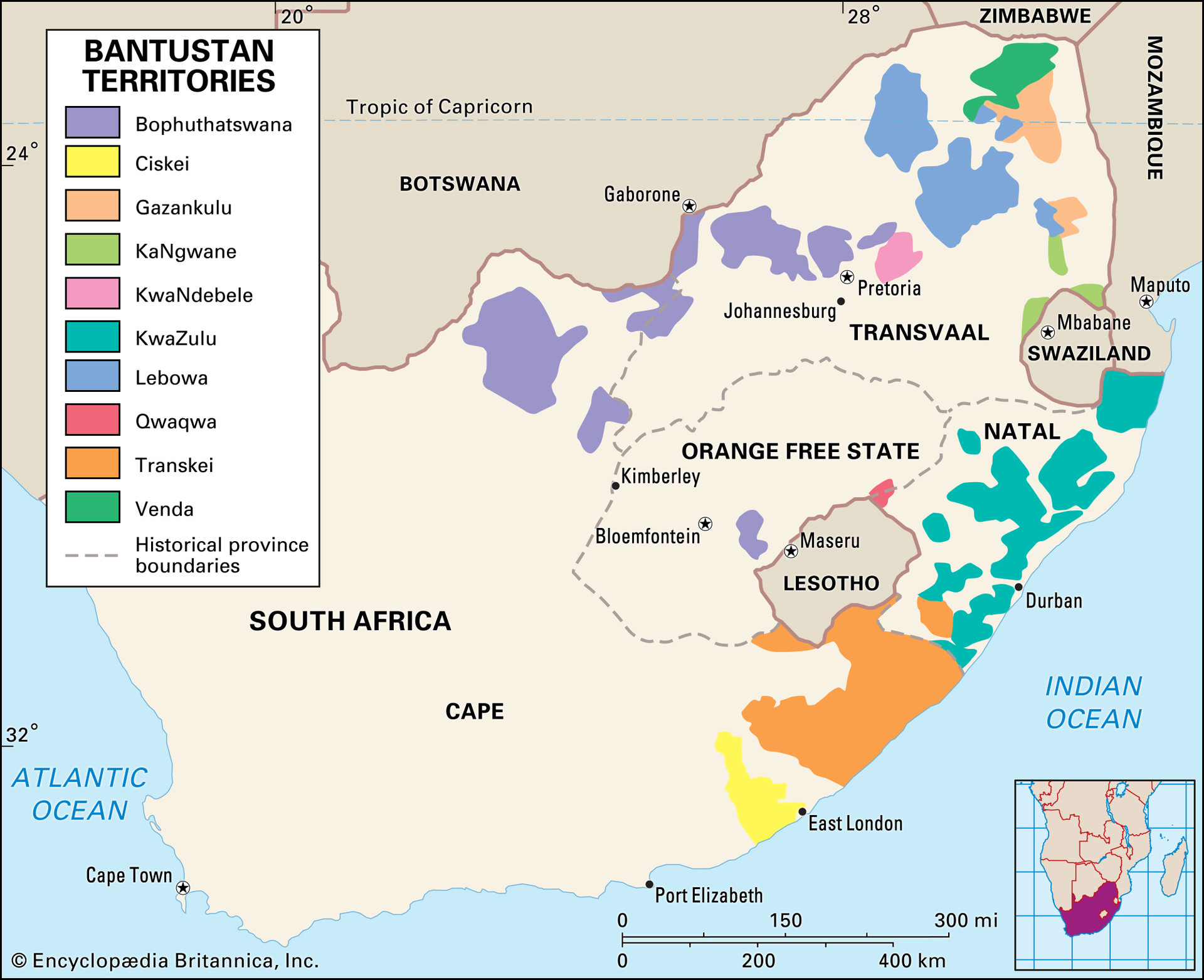 Карта бантустанов (homelands) в&nbsp;ЮАР во&nbsp;времена апартеида