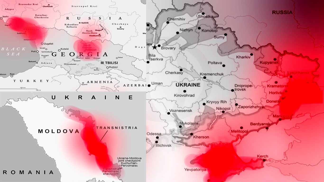 Collage of maps of territories occupied by russia in Ukraine, Moldova, and Sakartvelo (Georgia).
