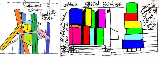 Eliinbar’s Sketchbook 2012-14 ,Rem Koolhaas (The Hyperbuilding) and SANAA Typology of a Shifted Buildings