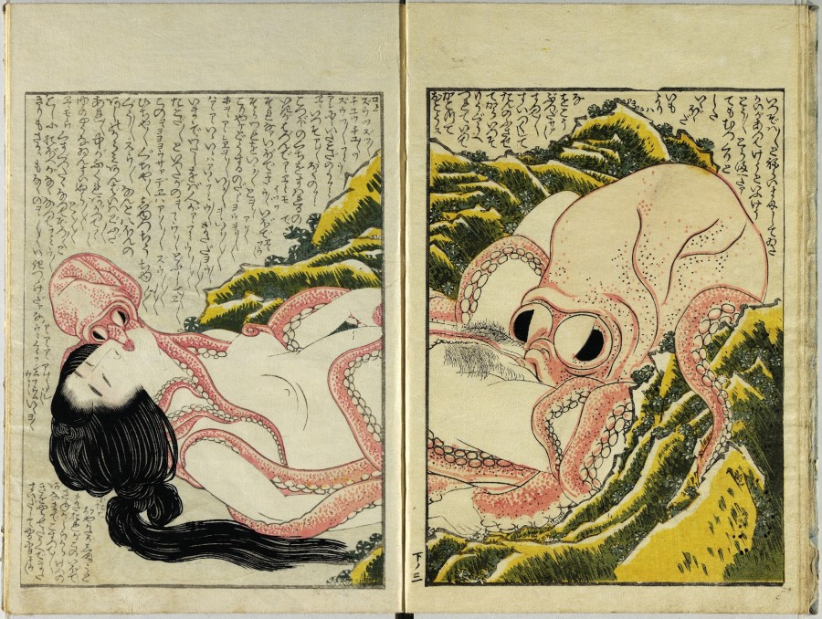 Katsushika Hokusai (1760-1849), Diving woman and octopi, page from Kinoe no komatsu (Pine Seedlings on the First Rat Day, or Old True Sophisticates of the Club of Delightful Skills) ,1814, illustrated book, colour woodblock © Michael Fornitz collection, Denmark.