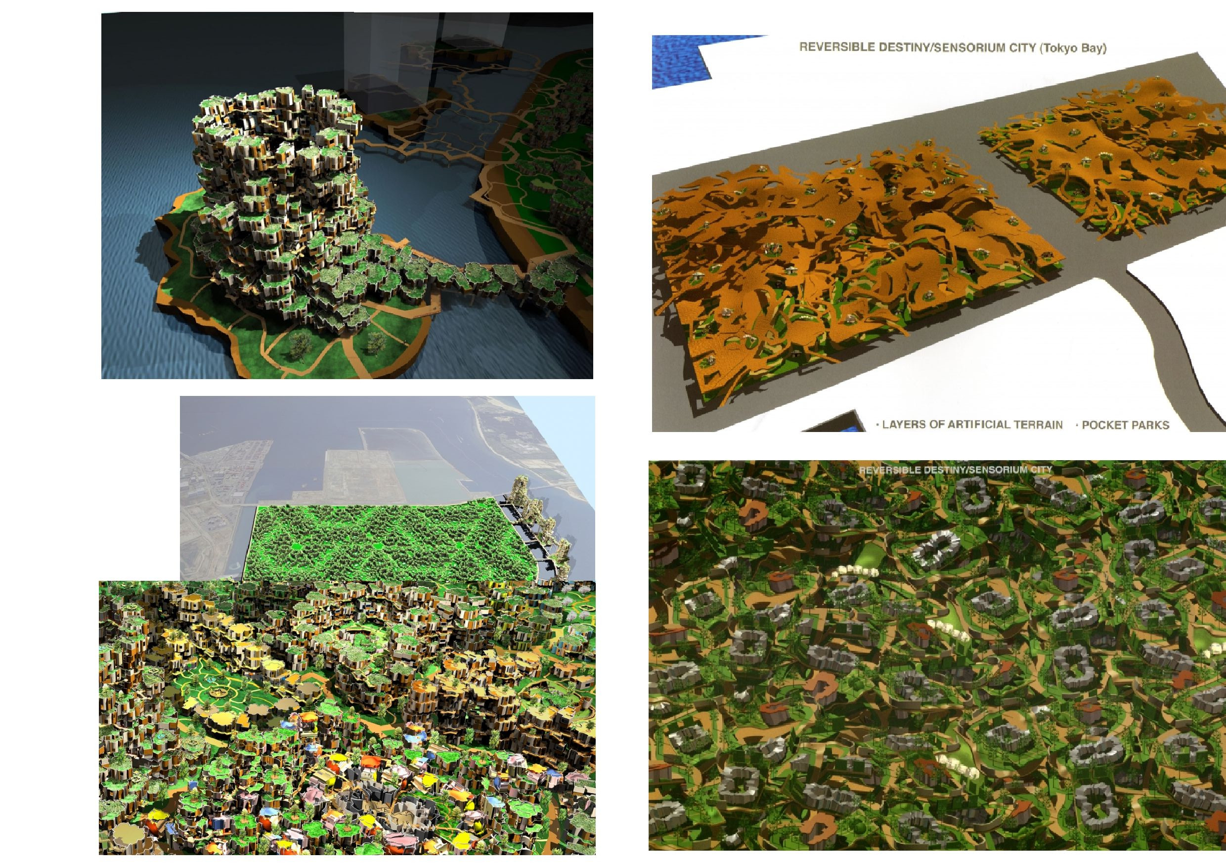 «Isle of Reversible Destiny. Fukuoka (2003)» + «Sensorium City. Tokyo Bay» (1993). Courtesy: https://tinyurl.com/2rswwz34